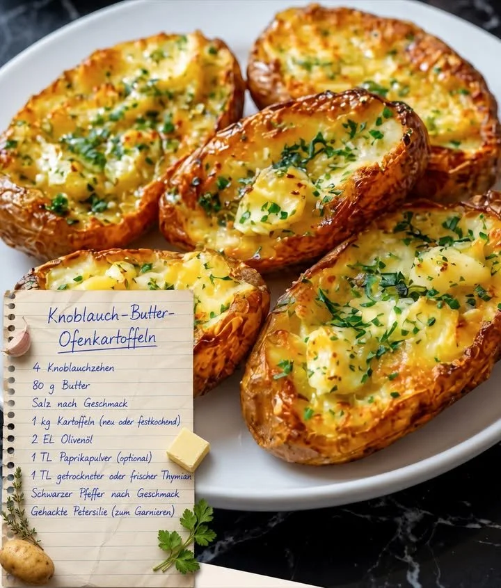 Knoblauch-Butter-Ofenkartoffeln frisch aus dem Ofen, goldbraun und knusprig