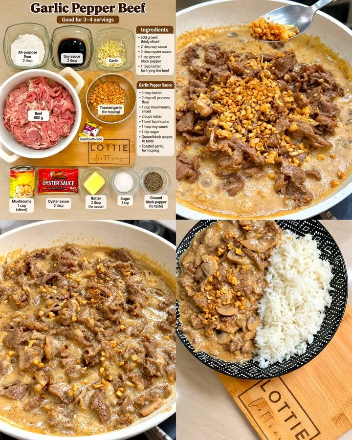 Knoblauch-Pfeffer-Rindfleisch à la Jollibee auf einem Teller serviert