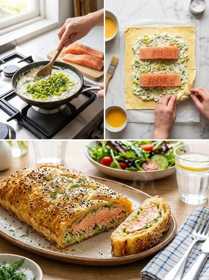 Köstlicher Lachs-Porree-Strudel auf einem Teller mit frischen Kräutern garniert.