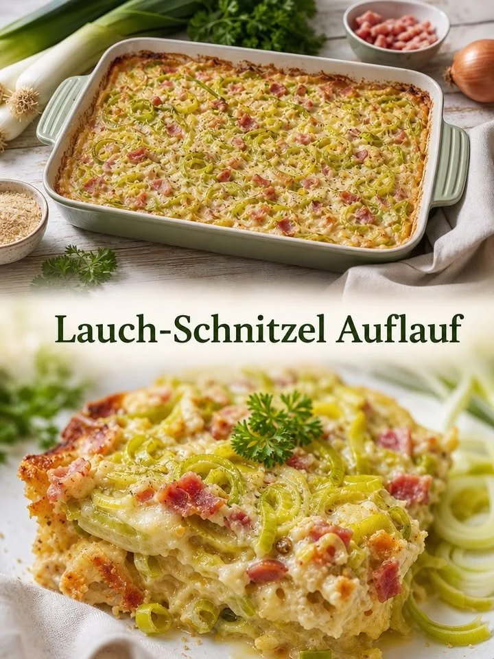 Leckeres Lauch-Schnitzel Auflauf mit geschmolzenem Käse und frischem Lauch.