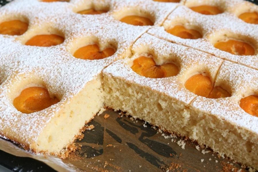 Frischer, saftiger Marillenkuchen mit einer goldenen Kruste und Marillenstücken