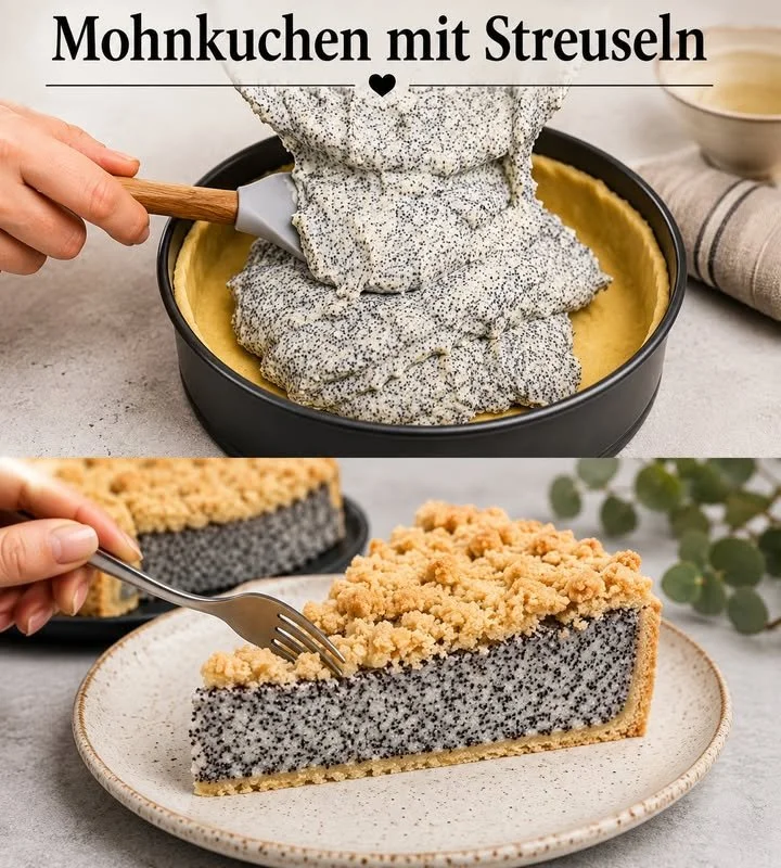Leckere Mohnkuchen mit Streuseln auf einem Tisch präsentiert