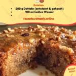 Omas Dattel-Walnuss-Kuchen auf einem Teller, garniert mit Walnüssen und Datteln.