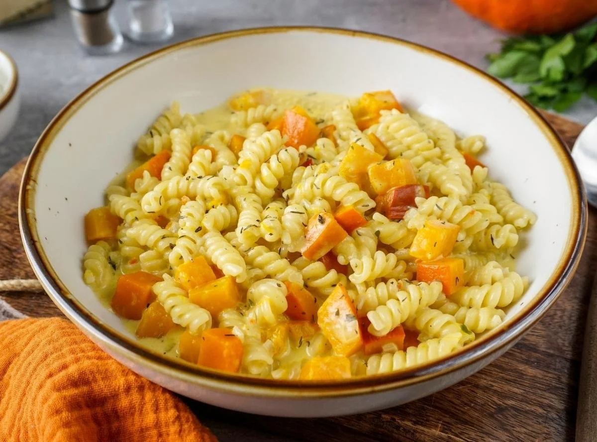 Einfaches Rezept für One Pot Kürbis Pasta in einem Topf zubereitet.