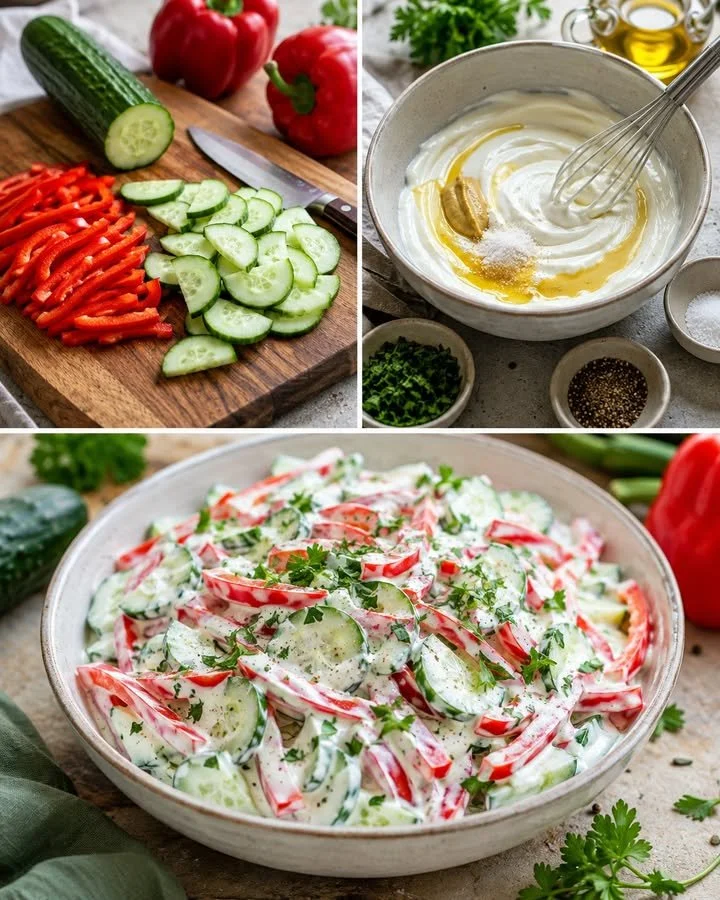 Erfrischender Paprika-Gurken-Salat mit cremigem Joghurt-Dressing