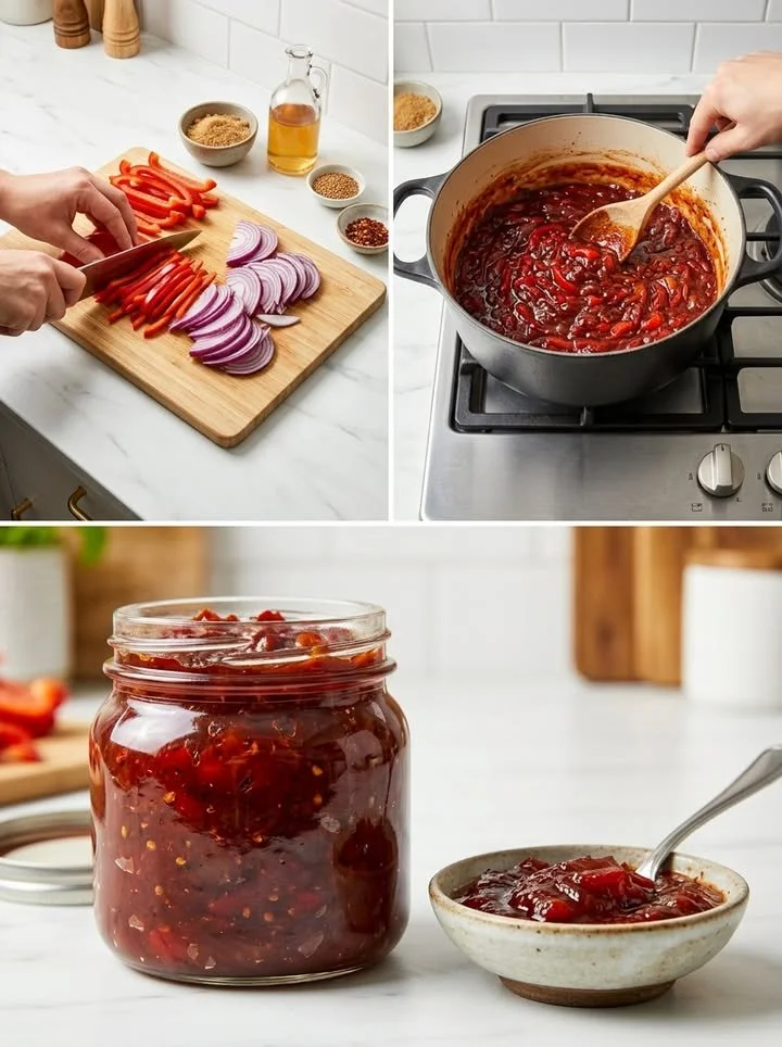 Hausgemachtes Paprika-Zwiebel-Chutney in einem Glas