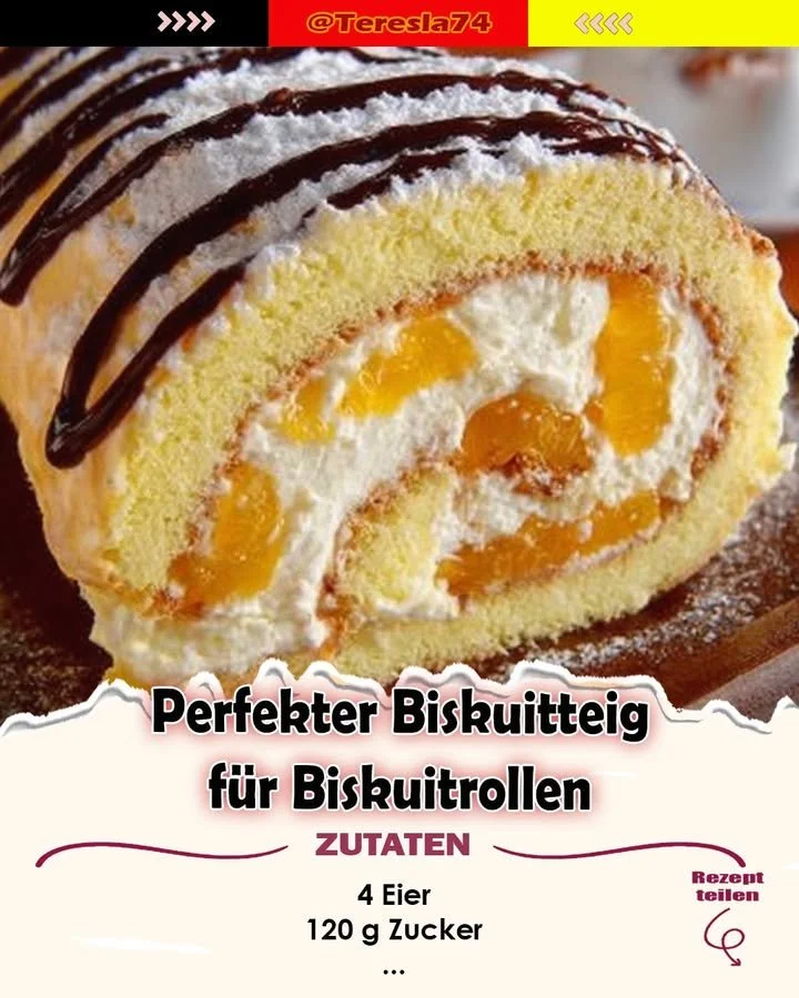 Ein luftiger Biskuitteig für leckere Biskuitrollen auf einem Holzbrett.