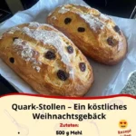 Quarkstollen mit Glasur und Früchten auf einem Holzbrett