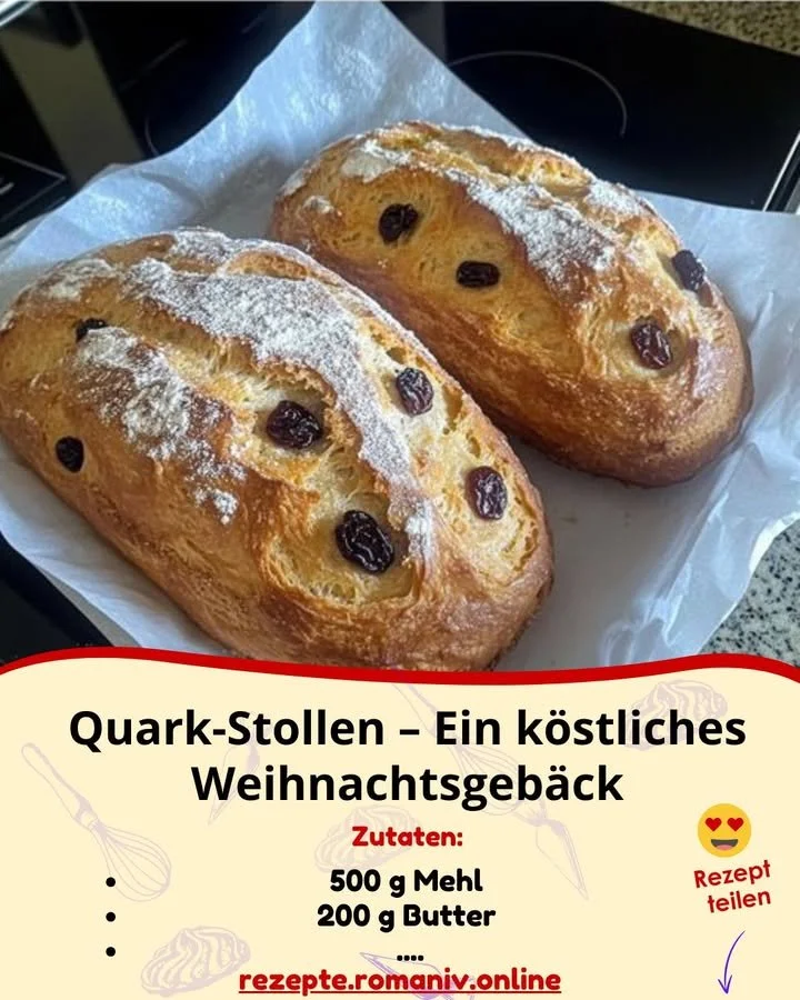 Quarkstollen mit Glasur und Früchten auf einem Holzbrett