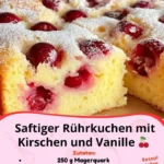 Saftiger Rührkuchen mit Kirschen und Vanille auf einem hübschen Teller.