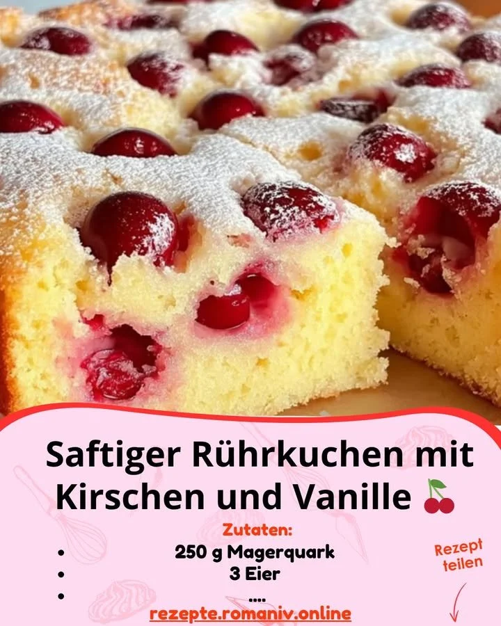 Saftiger Rührkuchen mit Kirschen und Vanille auf einem hübschen Teller.
