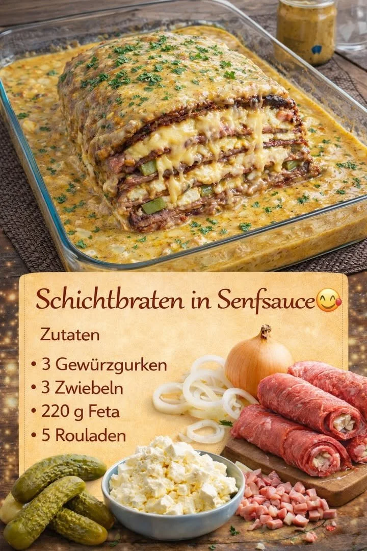 Leckeres Schichtbraten Rezept in Senfsauce auf einem Teller serviert