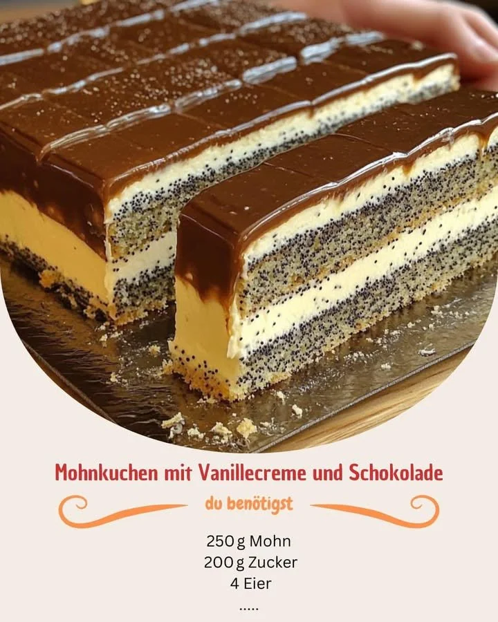Schichtkuchen aus Mohn und Vanille mit einer Schokoladendecke