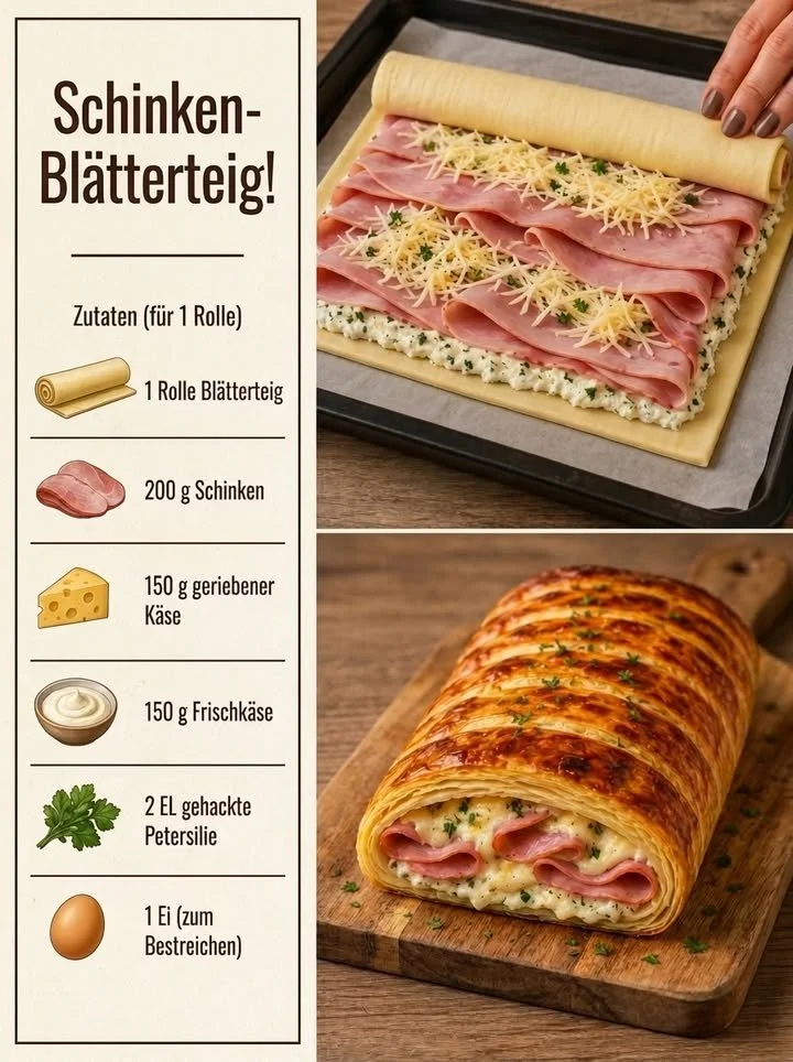 Leckere Schinken-Blätterteigrolle frisch aus dem Ofen