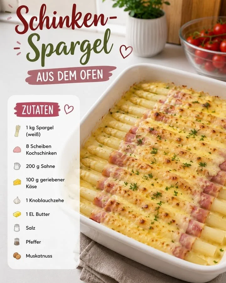 Schinken-Spargel aus dem Ofen auf einem Teller serviert
