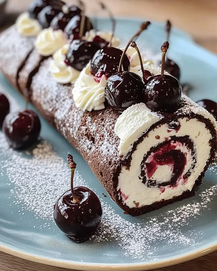 Schwarzwälder Kirschtorte Biskuitrolle auf einem Teller