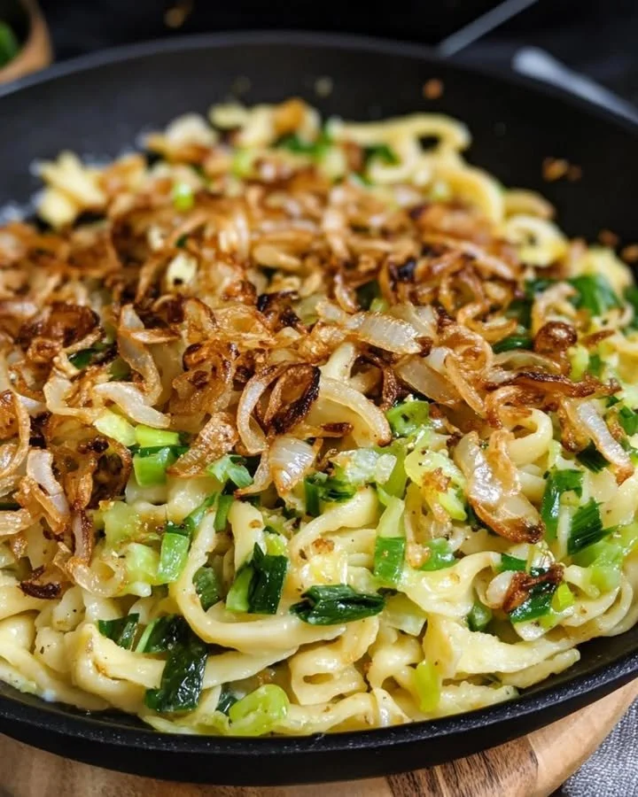 Spätzle-Lauch-Pfanne mit Röstzwiebeln - ein-haptisches und geschmackvolles Gericht
