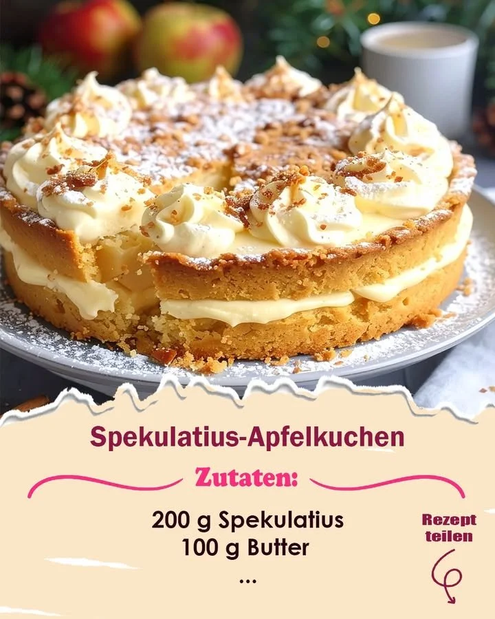 Leckerer Spekulatius-Apfelkuchen auf einem Teller, ideal für die Festtage.