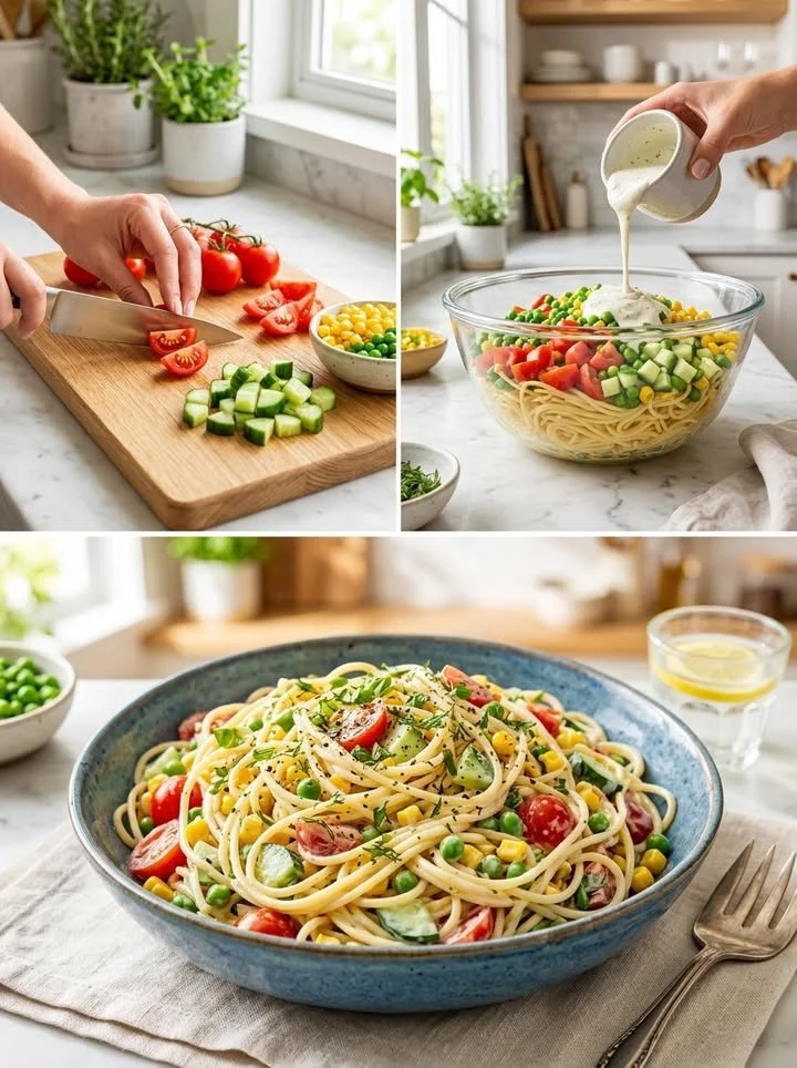 Cremig-frischer Spaghettisalat mit buntem Gemüse auf einem Teller