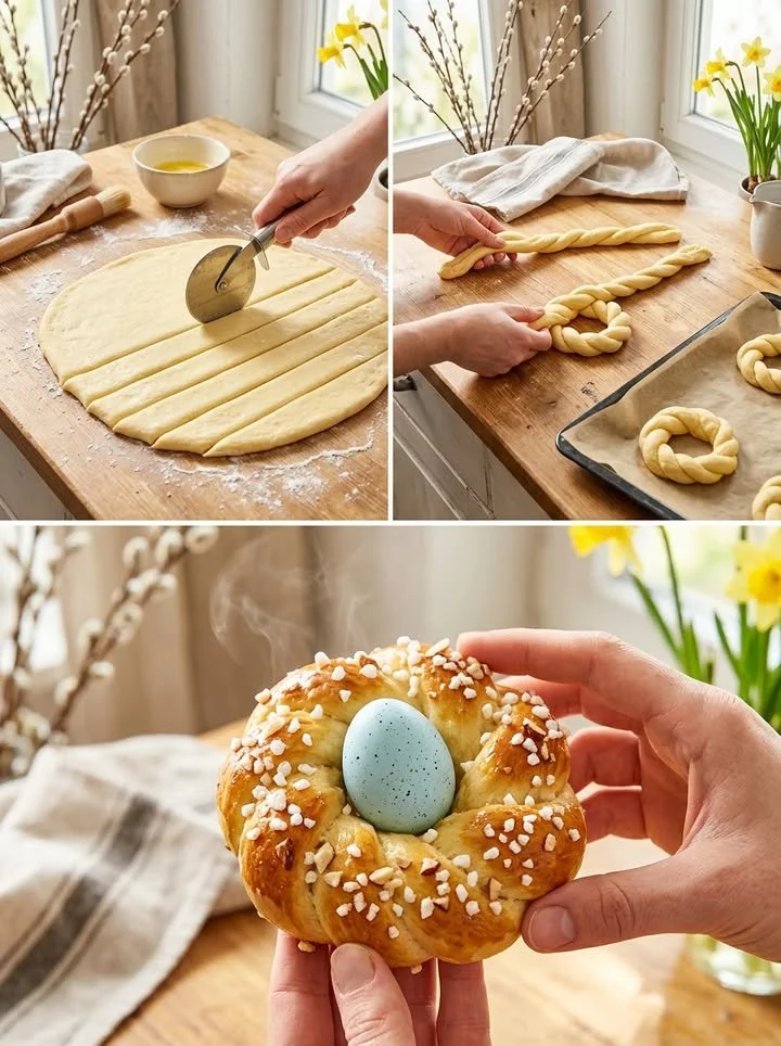 Süße Osterkränzchen mit bunten Eiern und frischen Blumen dekoriert.
