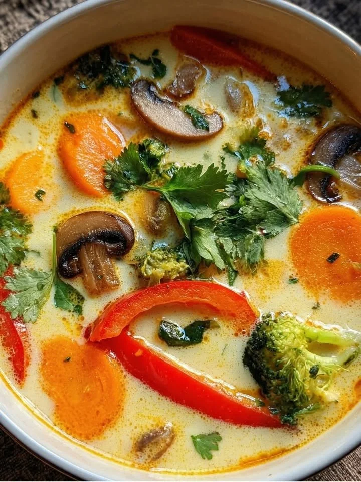 Thailändische Kokos-Suppe mit Gemüse in einer dekorativen Schüssel