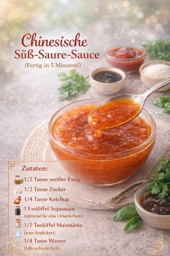 Hausgemachte süß-sauer Sauce in einer Schüssel, bereit zum Servieren.