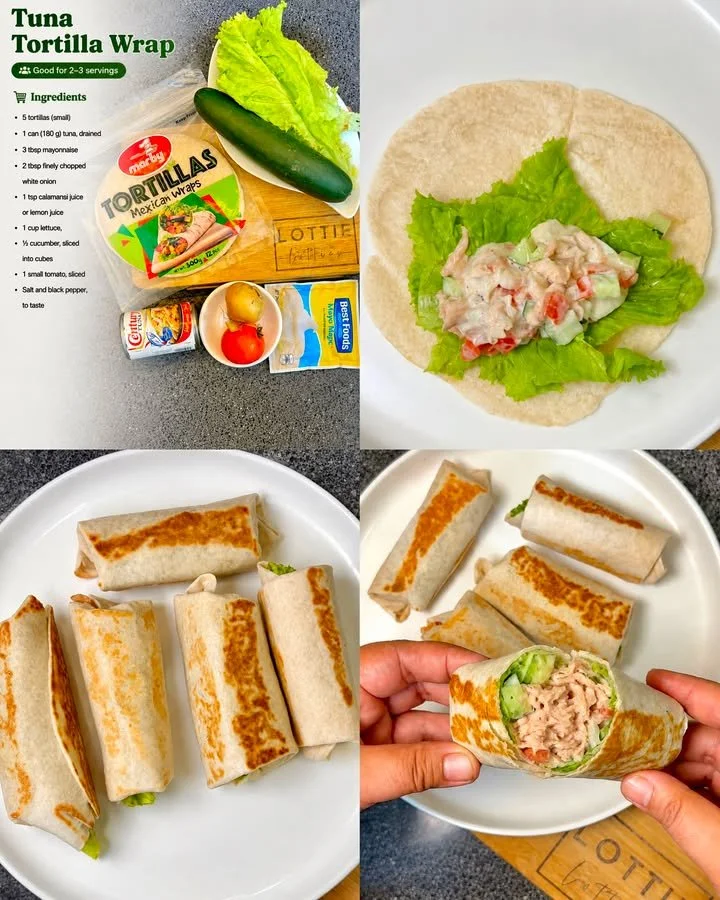 Leckere Thunfisch Tortilla Wraps gefüllt mit Gemüse und würzigem Thunfisch.