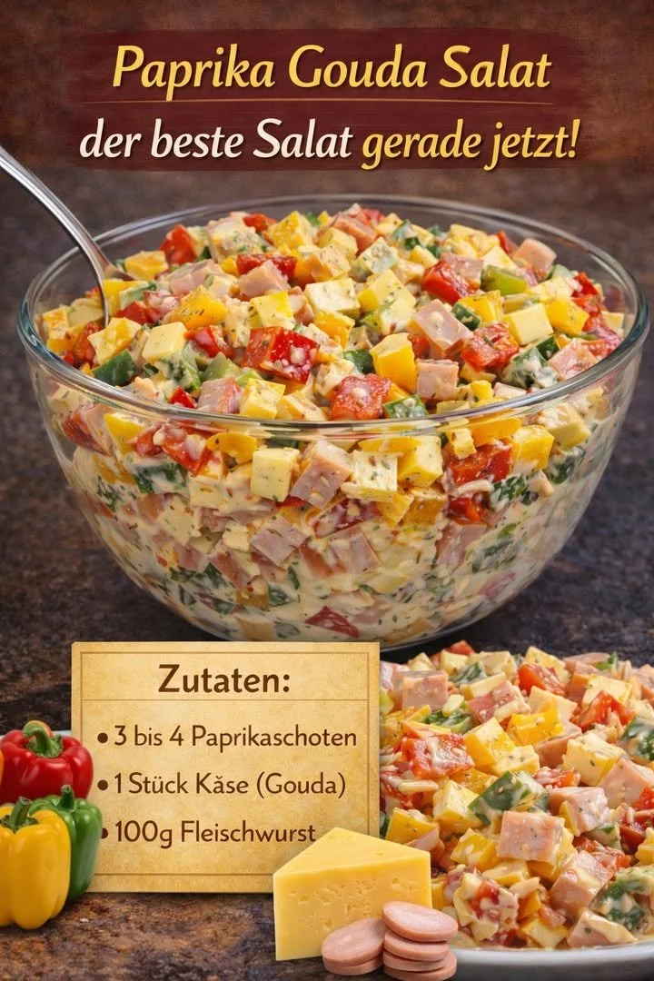 Paprika Gouda Salat mit Fleischwurst in einer Schüssel
