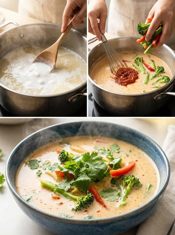 Schale mit thailändischer Kokosnuss-Suppe, garniert mit frischen Kräutern