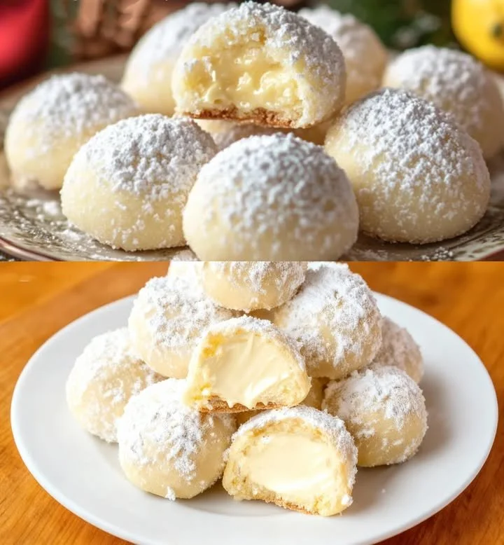 Zitronen-Schneeballplätzchen mit Frischkäsefüllung auf einem weißen Teller